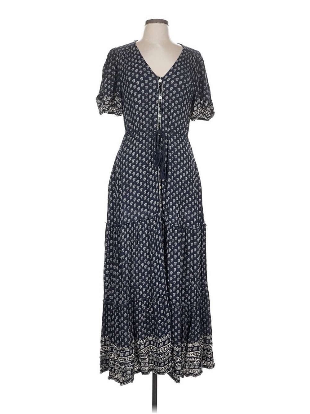Faherty Navy Printed Tiered Midi Dress with White Paisley